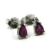 Load image into Gallery viewer, 18k white gold ruby earrings 0.92 carats, drop cut, two diamonds 0.03 carats.
