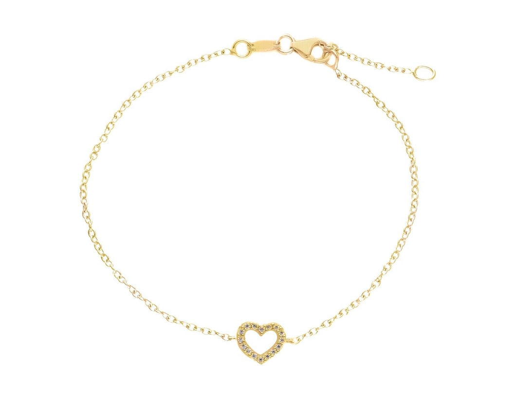 18K YELLOW GOLD BRACELET, ROLO 1mm CHAIN , CENTRAL CUBIC ZIRCONIA HEART, 7.1