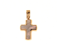 Load image into Gallery viewer, 18k rose gold small 17mm rounded stylized cross with mother of pearl pendant.
