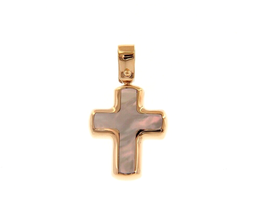 18k rose gold small 17mm rounded stylized cross with mother of pearl pendant.