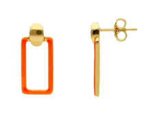 Load image into Gallery viewer, 18K YELLOW GOLD ORANGE ENAMEL RECTANGULAR 22mm PENDANT TUBE EARRINGS.
