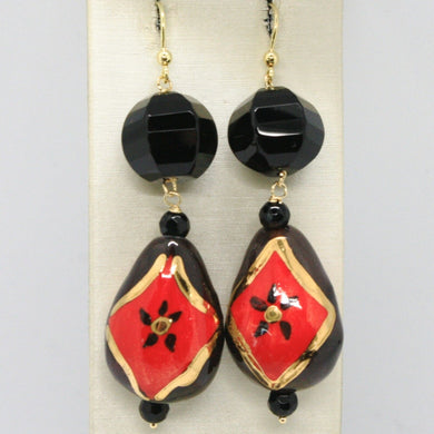 18K YELLOW GOLD EARRINGS ONYX, BLACK AND RED CERAMIC DROP HAND PAINTED IN ITALY.