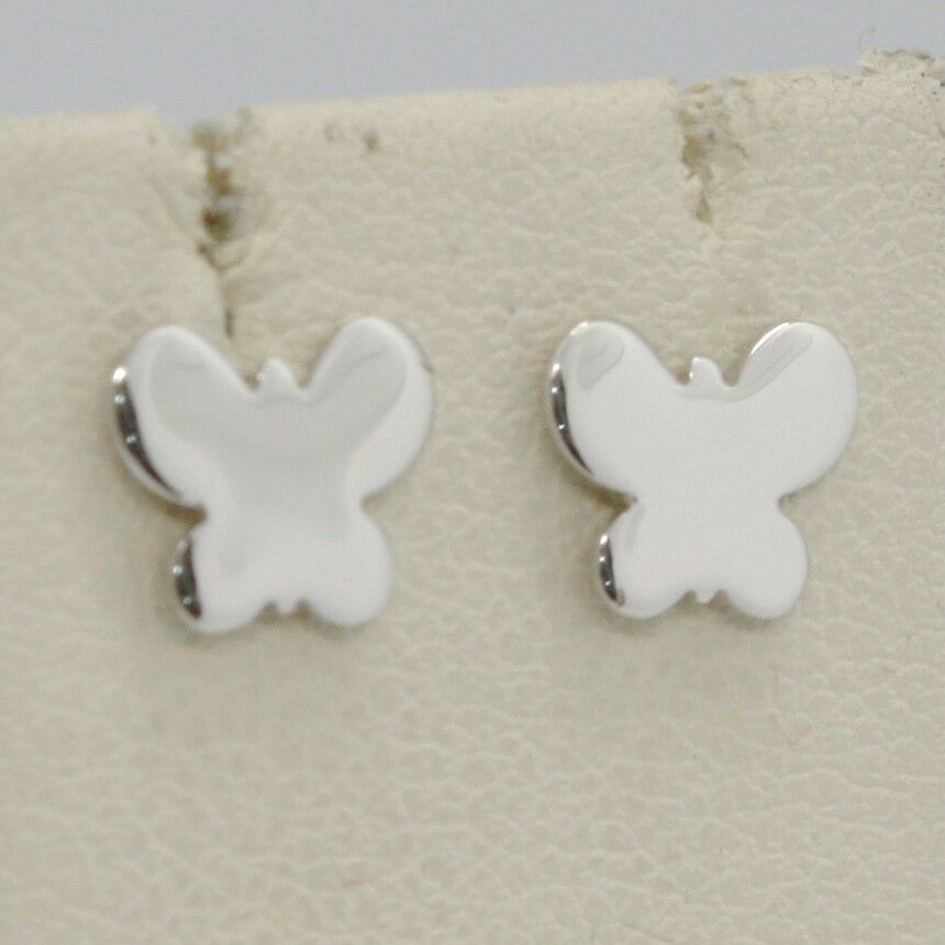 SOLID 18K WHITE GOLD EARRINGS FLAT BUTTERFLY, SHINY, SMOOTH, 8 MM, MADE IN ITALY