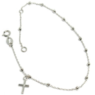 18k white gold mini rosary bracelet, 1.5 mm spheres, pendant cross, 7.1 inches.