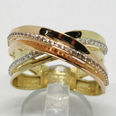 18k yellow & rose gold band ring finely twisted woven, zirconia.
