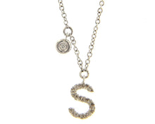 Load image into Gallery viewer, 18k white gold necklace, pendant mini initial letter S, 0.7 cm, 0.3&quot;, rolo chain.
