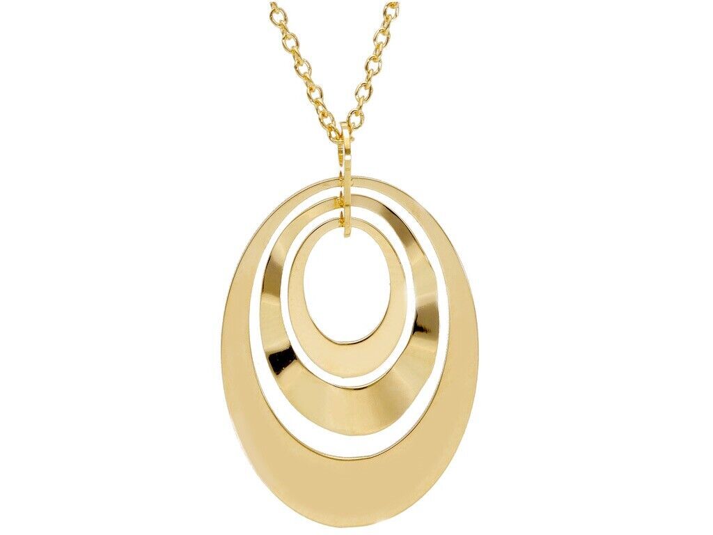 18K YELLOW GOLD NECKLACE, 22mm TRIPLE ONDULATE OVAL PENDANT, ROLO CHAIN.