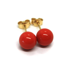 Load image into Gallery viewer, 18k yellow gold 8mm spheres intense red reconstructed coral button earrings.
