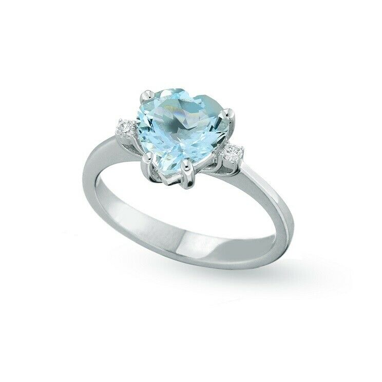 SOLID 18K WHITE GOLD ORSINI RING WITH CENTRAL HEART AQUAMARINE AND DIAMONDS