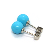 Load image into Gallery viewer, 18k white gold 8mm spheres balls reconstructed turquoise button earrings.
