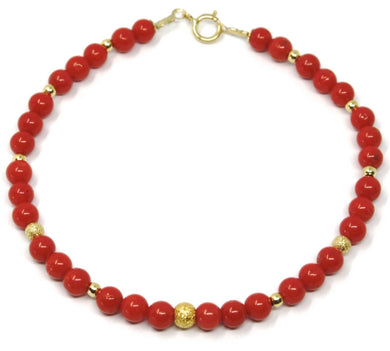 18K YELLOW GOLD BRACELET, RED CORAL SPHERES 4/4.5mm, ALTERNATE GOLD BALLS.
