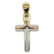 18K YELLOW WHITE GOLD SQUARE TUBE ALTERNATE CROSS, 3 CM 1.2 INCHES MADE IN ITALY.
