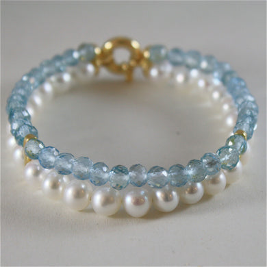 18k yellow gold bracelet with 2 strands pearls and aquamarine 7 in made in Italy.