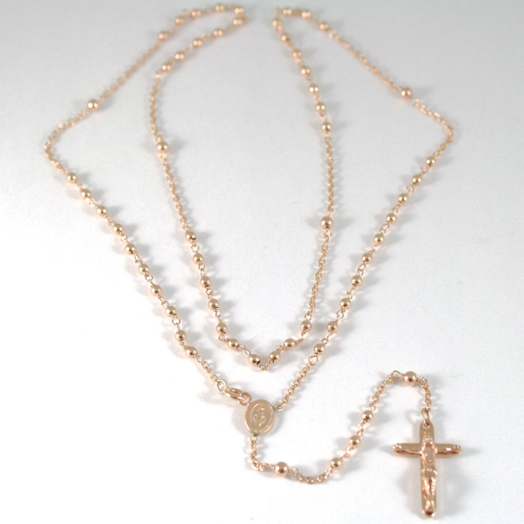 18k rose pink gold rosary necklace miraculous mary medal Jesus cross, 22 inches.