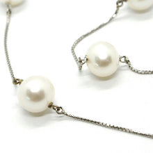 Load image into Gallery viewer, 18k white gold lariat necklace, venetian chain alternate with white pearls 10 mm.
