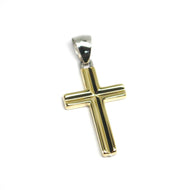 18K YELLOW WHITE GOLD CROSS, SQUARED 25mm, 0.98 inches, CARVED TUBE ITALY MADE.