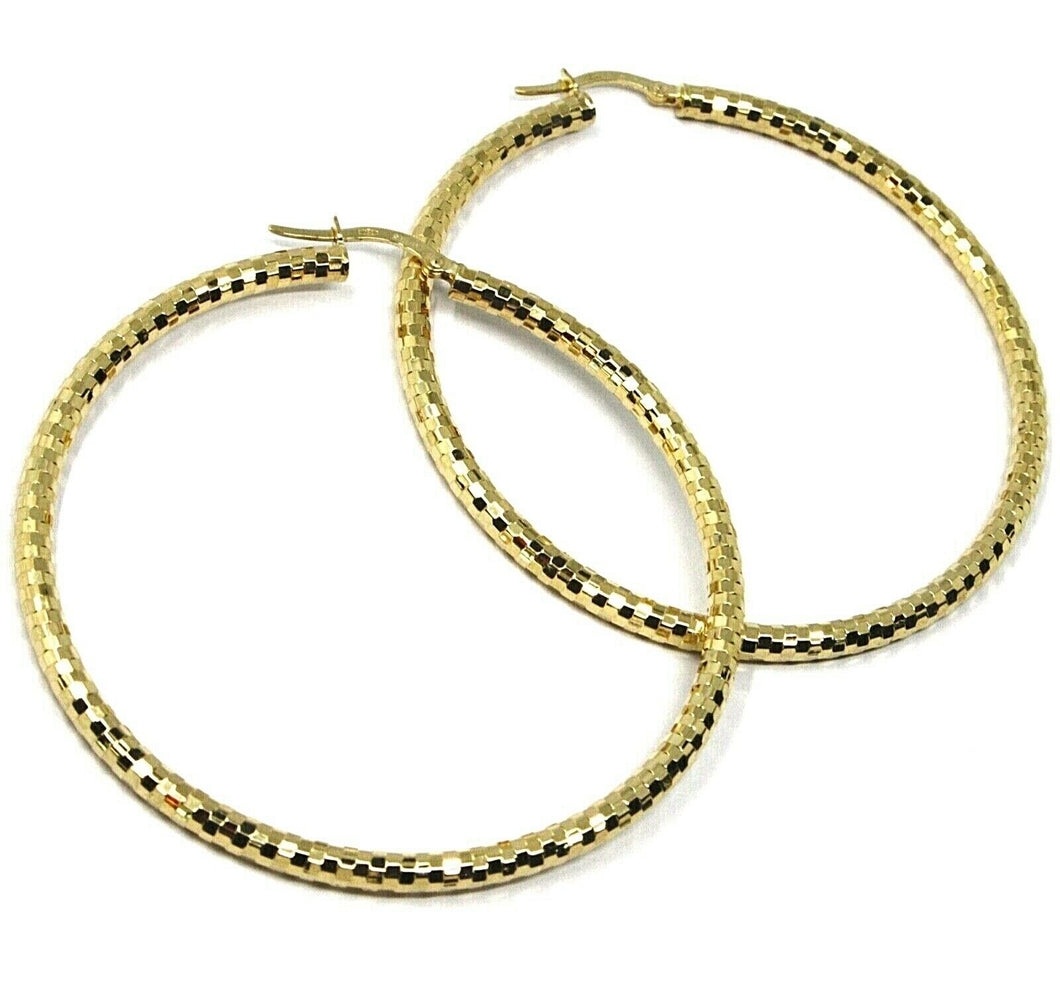 18K YELLOW GOLD CIRCLE HOOPS TUBE 3mm, BIG EARRINGS 5.5cm, SHINY FACETED SQUARES.