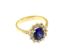 Load image into Gallery viewer, 18K YELLOW GOLD FLOWER RING BIG OVAL 9x7mm BLUE CRYSTAL CUBIC ZIRCONIA FRAME.

