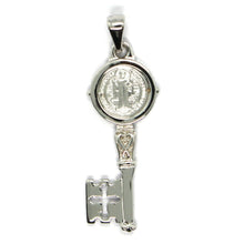 Load image into Gallery viewer, SOLID 18K WHITE GOLD KEY PENDANT, SAINT BENEDICT MEDAL, CROSS, 1.2 INCHES.
