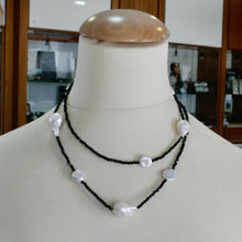 Load image into Gallery viewer, 18k white gold long 35&quot; 90cm necklace faceted black spinel big drop disc pearls.
