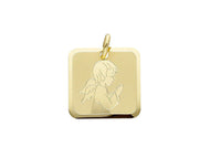 18K YELLOW GOLD PENDANT SQUARE MEDAL GUARDIAN ANGEL IN PRAYER 15mm ENGRAVABLE.