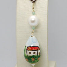 Load image into Gallery viewer, 18K YELLOW GOLD PENDANT AVENTURINE &amp; CERAMIC HOME HOUSE HAND PAINTED IN ITALY
