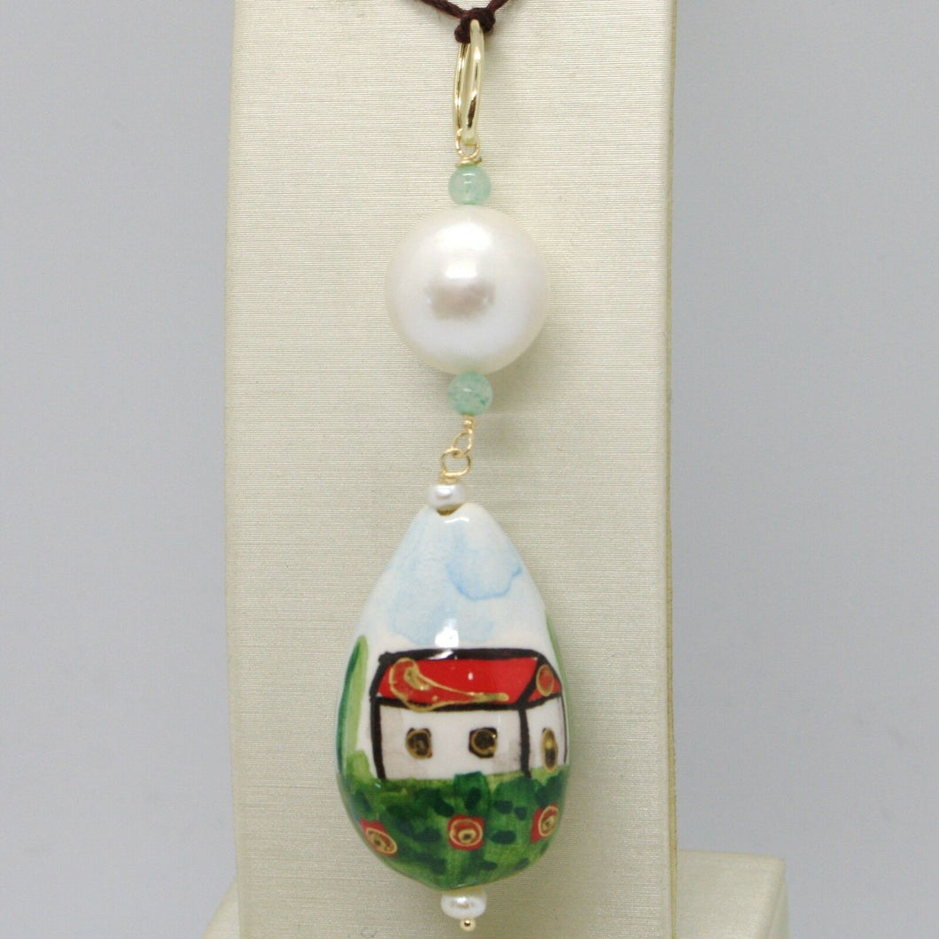 18k yellow gold pendant aventurine & ceramic home house hand painted in Italy.