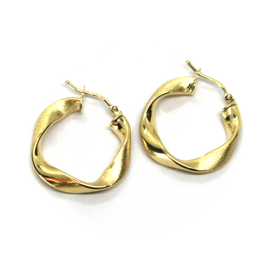 18K YELLOW GOLD 23mm SMOOTH AND SATIN ONDULATE CIRCLE HOOPS EARRINGS ITALY MADE.