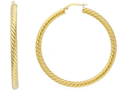 18K YELLOW GOLD HOOPS EARRINGS DIAMETER 50mm, TUBE 4mm STRIPED TWISTED BRAIDED.