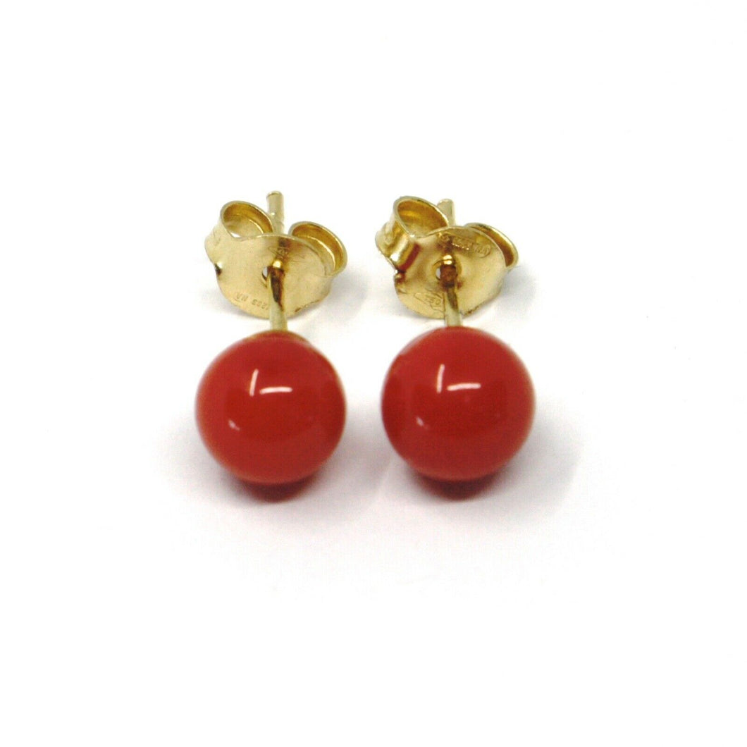 18k yellow gold balls spheres red coral button earrings, 5 mm, 0.2 inches