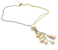 18k yellow white gold double chain necklace, waterfall multi wires pearl pendant.