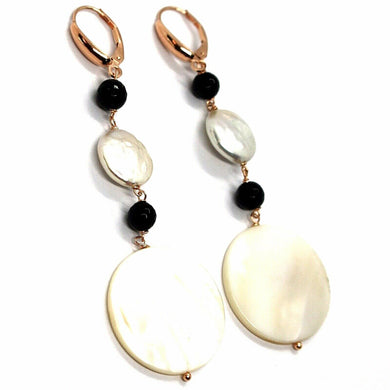 18k rose gold pendant earrings, mother of pearl disc, onyx, 3.1 inches length.