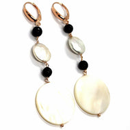 18k rose gold pendant earrings, mother of pearl disc, onyx, 3.1 inches length.