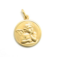 solid 18k yellow gold Guardian Angel 15mm medal, pendant, very detailed.