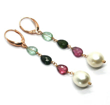 Load image into Gallery viewer, 18k rose gold pendant earrings purple blue green tourmaline drops big 12mm pearl
