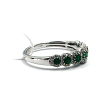 Load image into Gallery viewer, 18k white gold band ring with round green emeralds 0.45ct &amp; diamonds 0.28ct.
