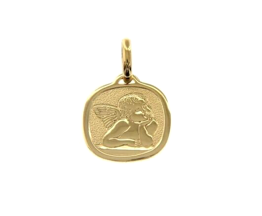 18K YELLOW GOLD PENDANT SQUARE MEDAL GUARDIAN ANGEL 16mm ENGRAVABLE