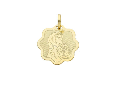 18K YELLOW  GOLD FLOWER MEDAL PENDANT WITH VIRGIN MARY AND JESUS MADE IN ITALY.