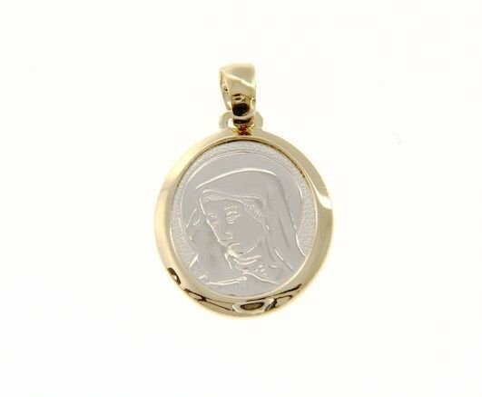 18k yellow & white gold pendant oval medal Virgin Mary engravable made in Italy.