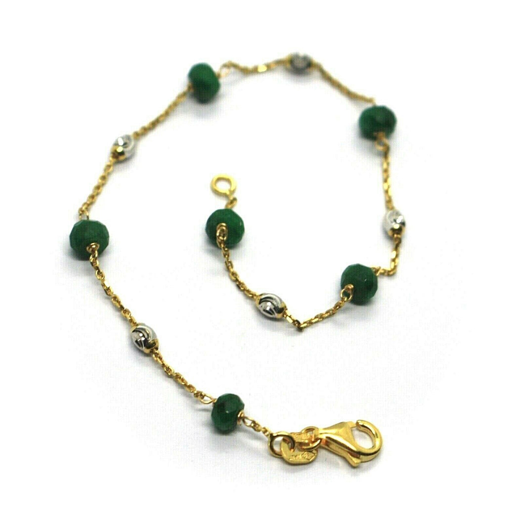 18k yellow gold bracelet, 4mm green emerald & 3mm faceted white balls, 7.5