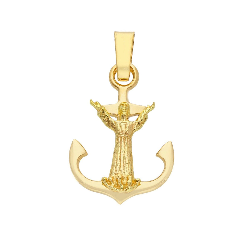 18K YELLOW GOLD CHRIST JESUS OF THE ABYSS NAUTICAL ANCHOR CROSS 25mm PENDANT.