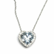 Load image into Gallery viewer, 18k white gold necklace love heart pendant aquamarine diamonds frame rolo chain.
