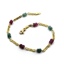 Load image into Gallery viewer, 18k yellow gold tiger eye bracelet faceted oval double purple &amp; green tourmaline.
