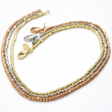 3 18K ROSE WHITE YELLOW GOLD BRACELETS, DIAMOND CUT BALLS 1.5 MM, TRIPLE WORKED.