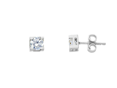 18K WHITE GOLD STUD EARRINGS WHITE 5mm CUBIC ZIRCONIA, 4 PRONG, SOLITAIRE.