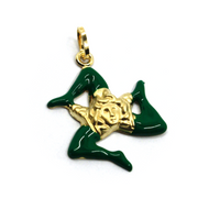 18k yellow gold pendant, rounded trinacria 25mm, excavated back, green enamel.