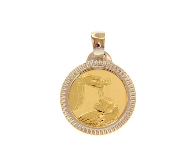 18K YELLOW WHITE GOLD PENDANT ROUND MEDAL CHRISTIAN BAPTISM 17mm WORKED FRAME.