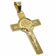SOLID 18K YELLOW GOLD BIG FLAT CROSS WITH JESUS & SAINT BENEDICT MEDAL, 38 mm.