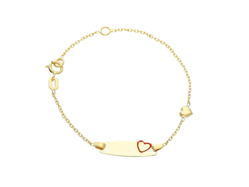 18k yellow gold kid child bracelet enamel heart rolo chain engraving plate.
