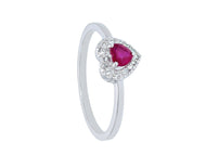 SOLID 18K WHITE GOLD RING WITH HEART CUT RED RUBY 0.24 Carats AND DIAMONDS FRAME.